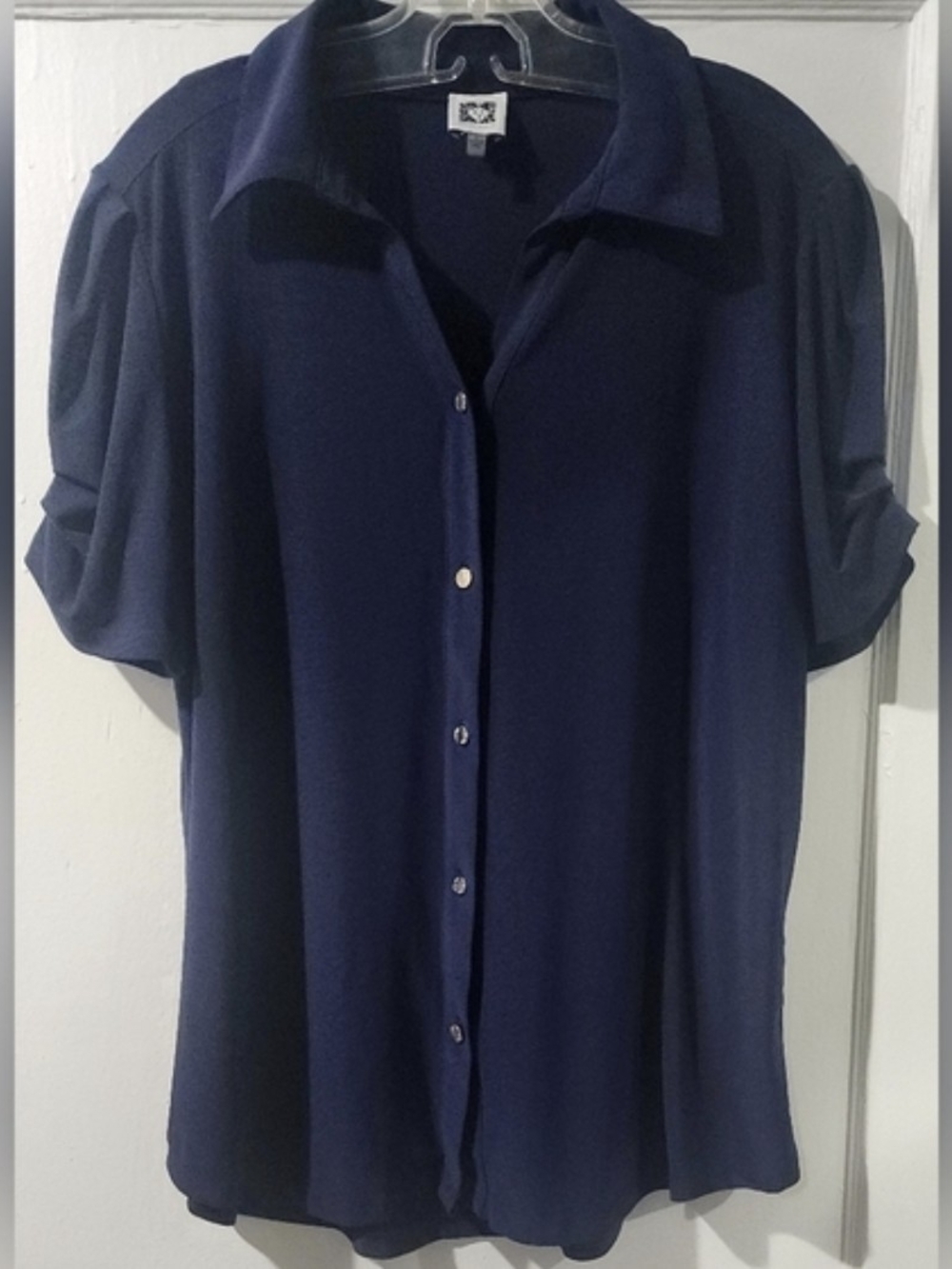 Anne Klein Navy Short-Sleeve Button-Front Blouse